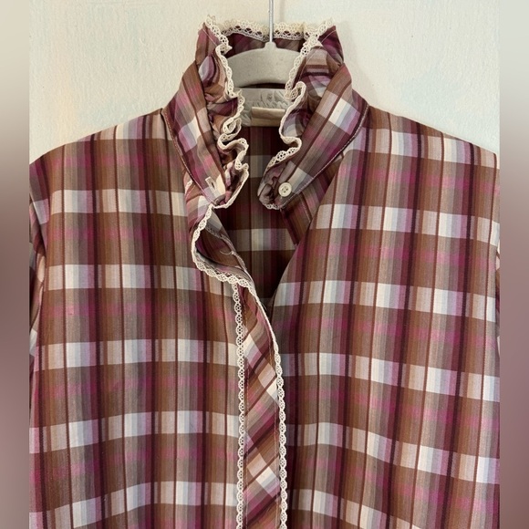 SHAPELY Cottagecore Prairie Mock Neck Button Down Plaid Maroon Shirt Size 12 - Picture 2 of 7